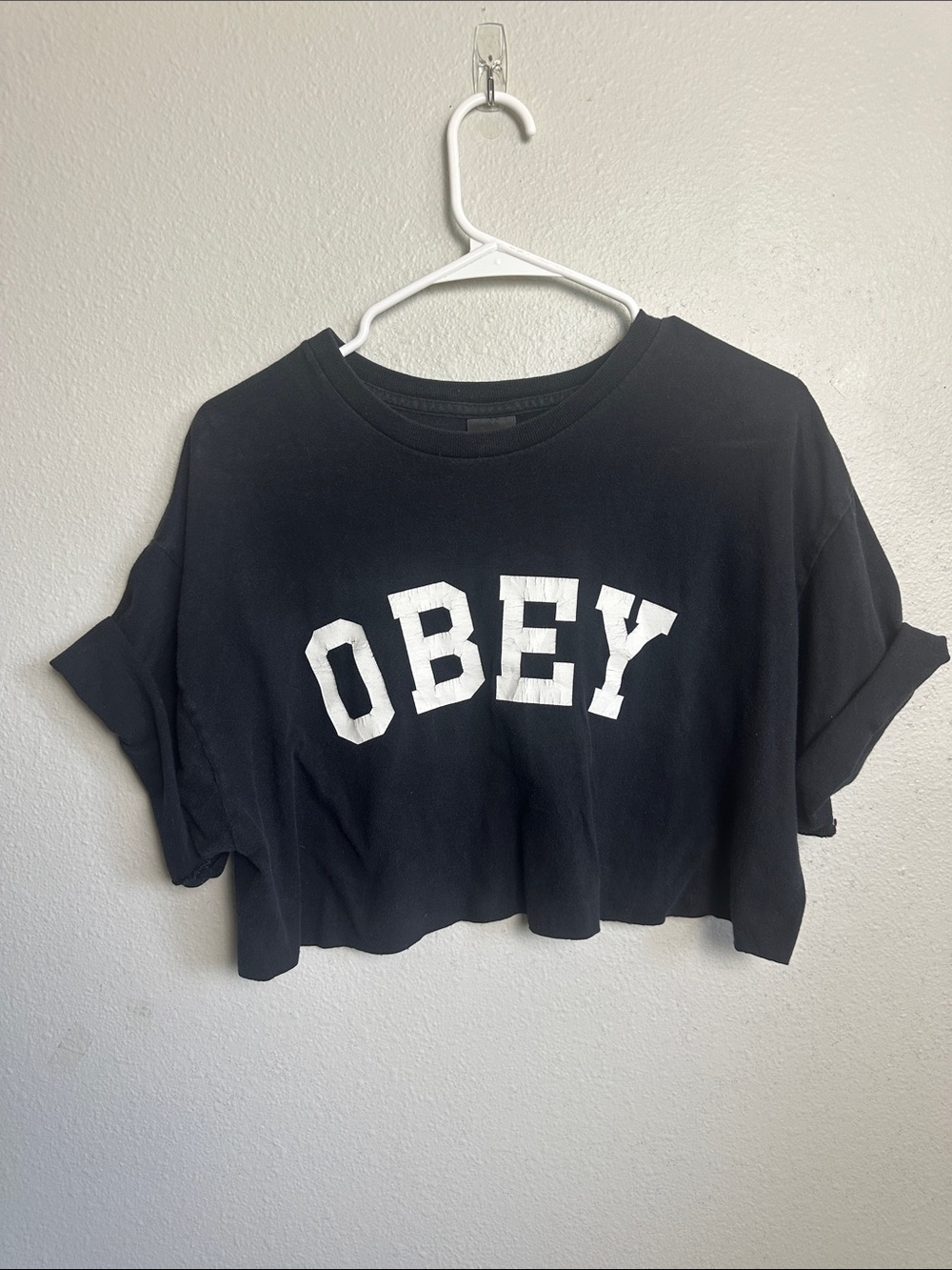 Obey Black Cropped Logo Tee with White Lettering